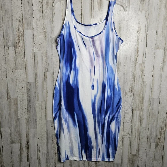 Women's Blue Purple Tie Dye Scoop Neck Tank Top Bodycon Dress NWOT Size Large - Picture 3 of 8